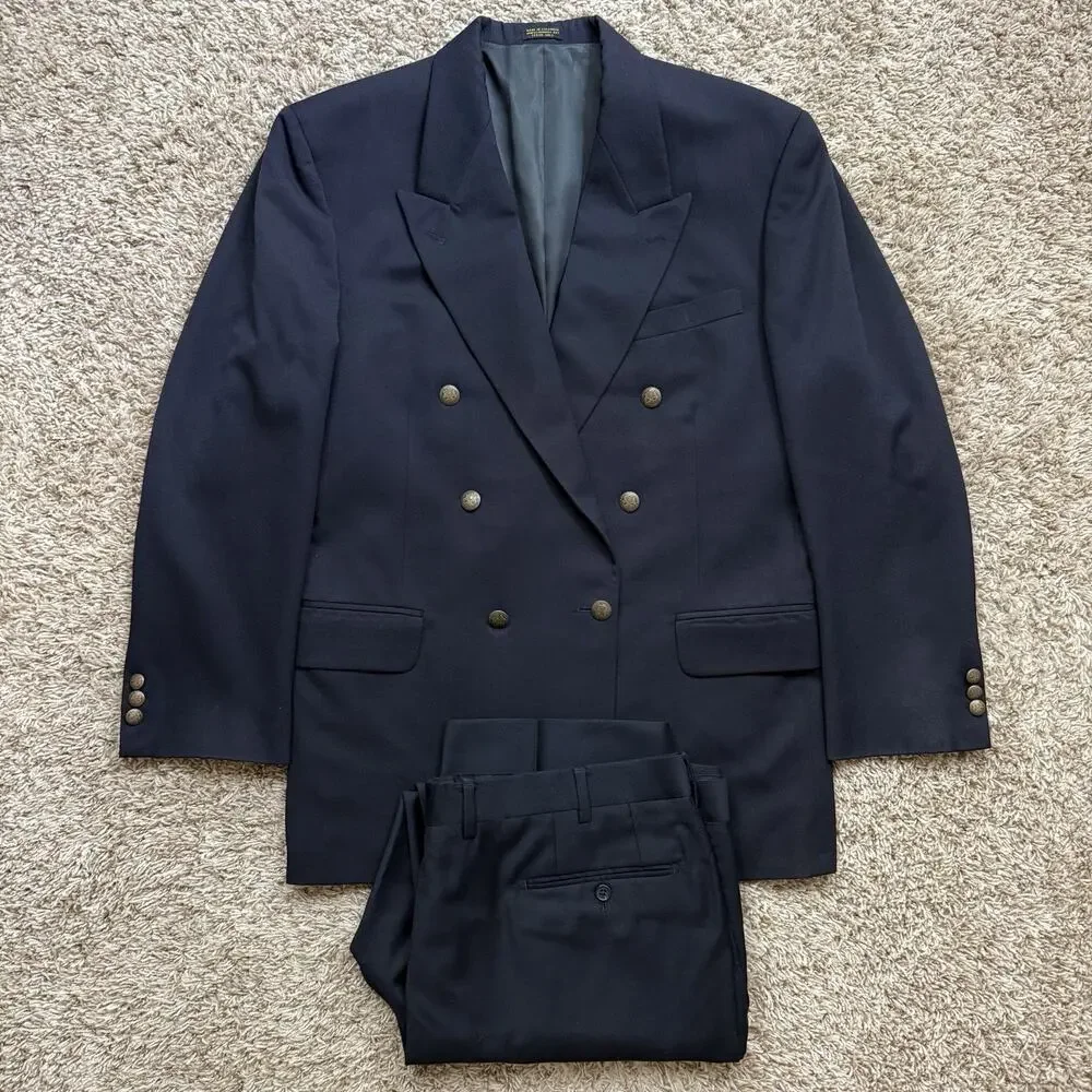 Vintage Oscar de la Renta Double Breasted 42R Navy Blue Wool Gold Button Blazer